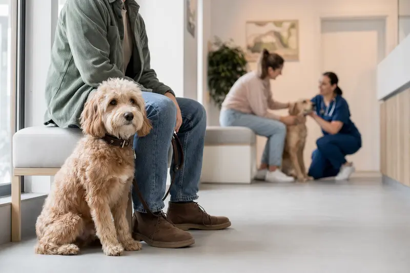 Ein Labradoodle sitzt ruhig neben seinem Besitzer im hellen Wartezimmer einer modernen Tierarztpraxis.